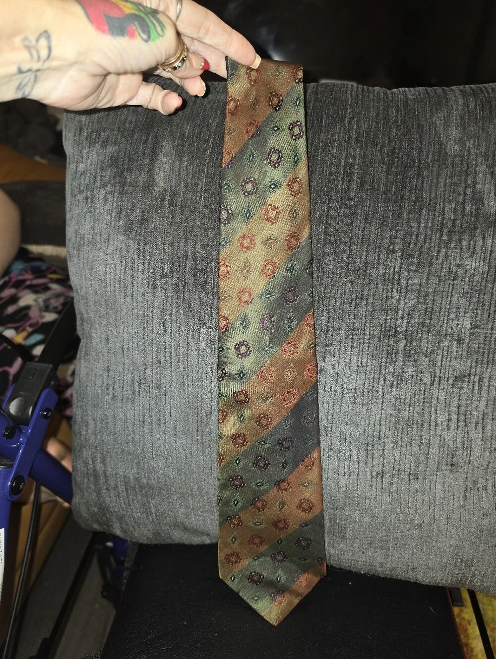 Christian Dior Striped Medallion Silk Tie in Green and Brown